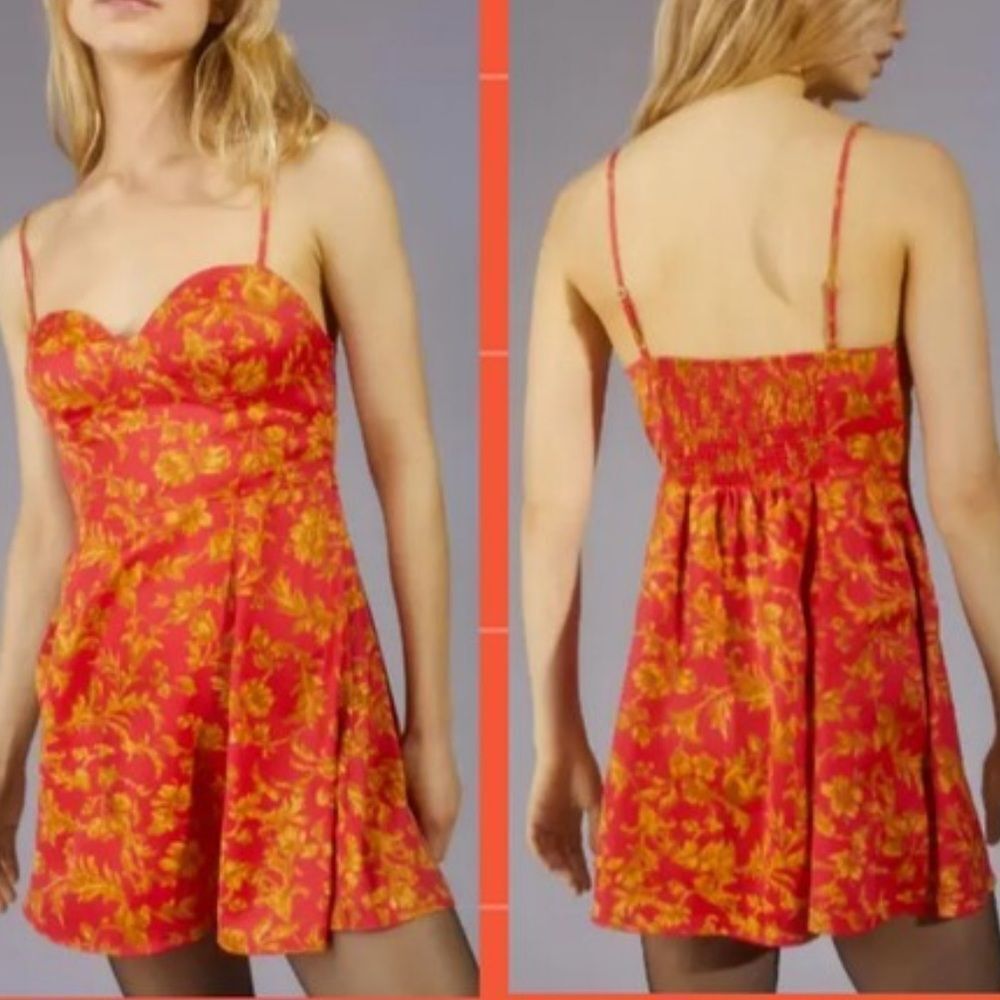 Urban Outfitters UO Orion Bustier Mini Dress red and gold floral size, small